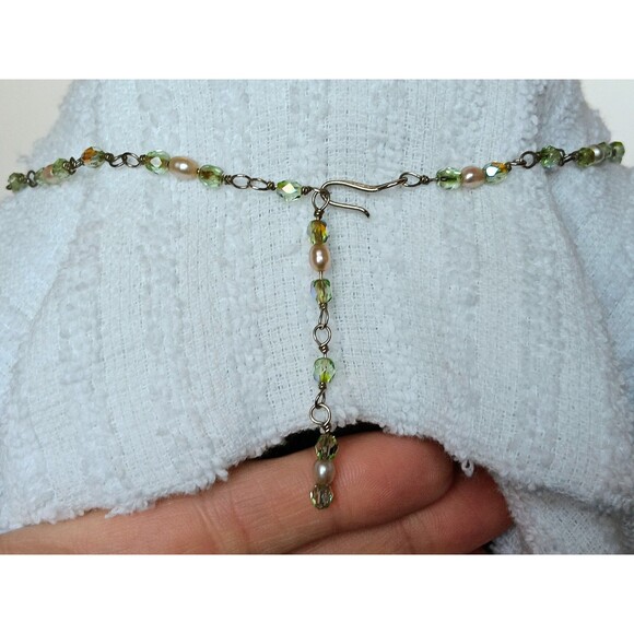 Artisan Sterling Silver Heart Pendant Green AB Glass & Pearl Necklace 16-18 in - Picture 5 of 15